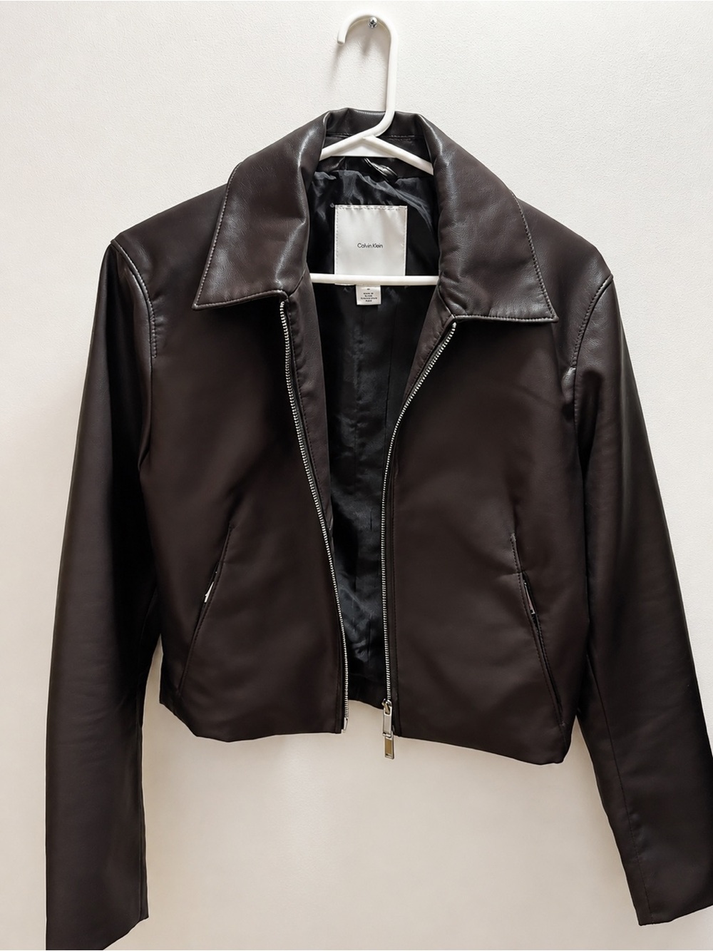 Calvin Klein Women's Dark Brown Leather Zip-Up Jacket